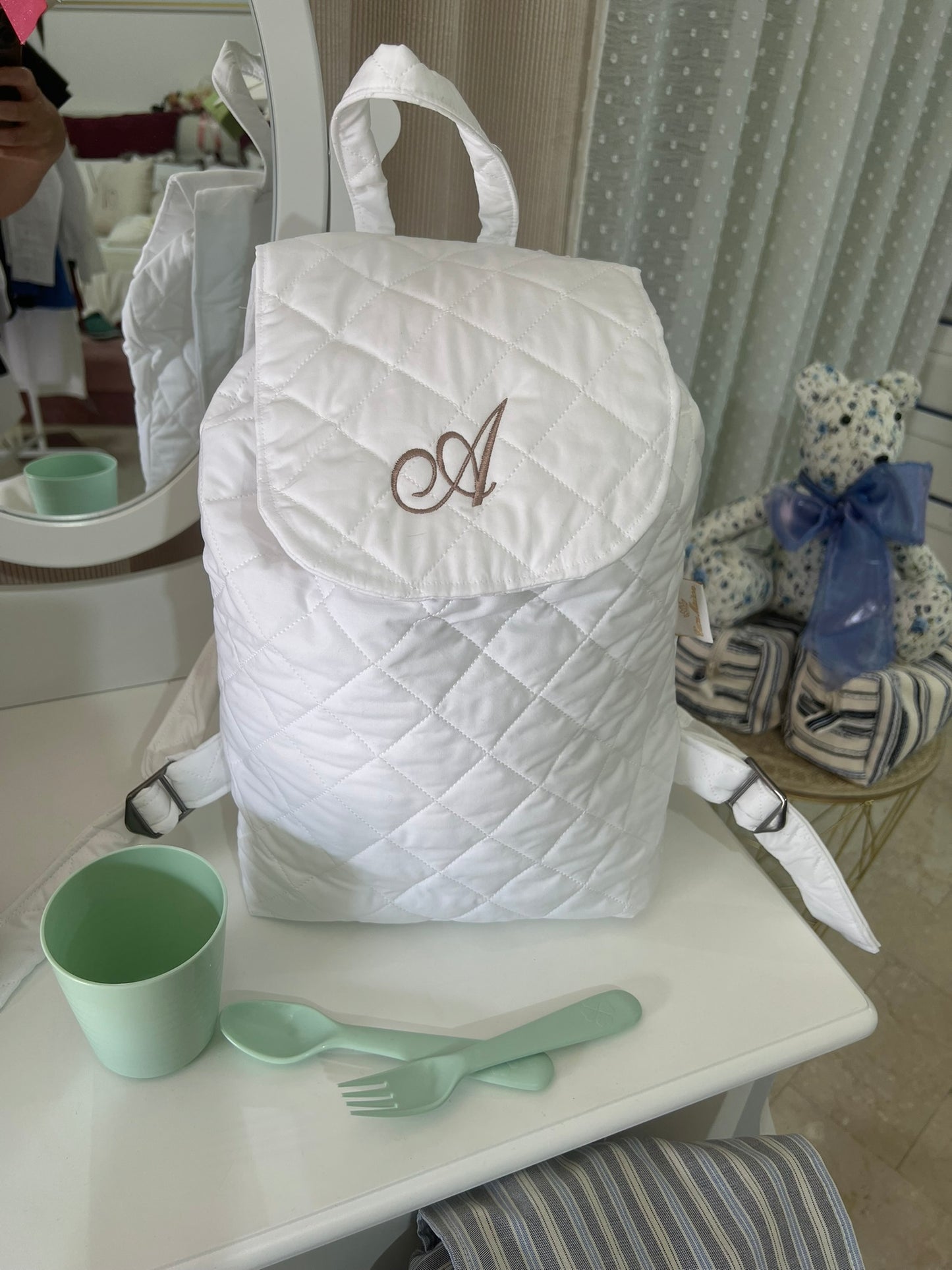 ZAINETTO TRAPUNTATO BIANCO RICAMO PERSONALIZZATO