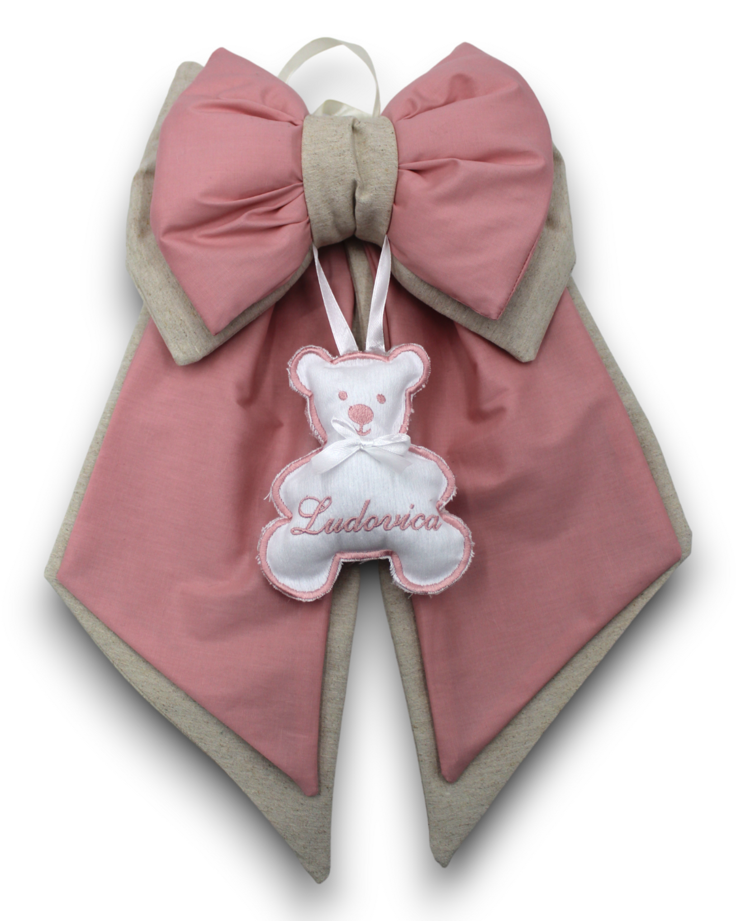 FIOCCO NASCITA IMBOTTITO CON PENDENTE ORSETTO RICAMO PERSONALIZZATO