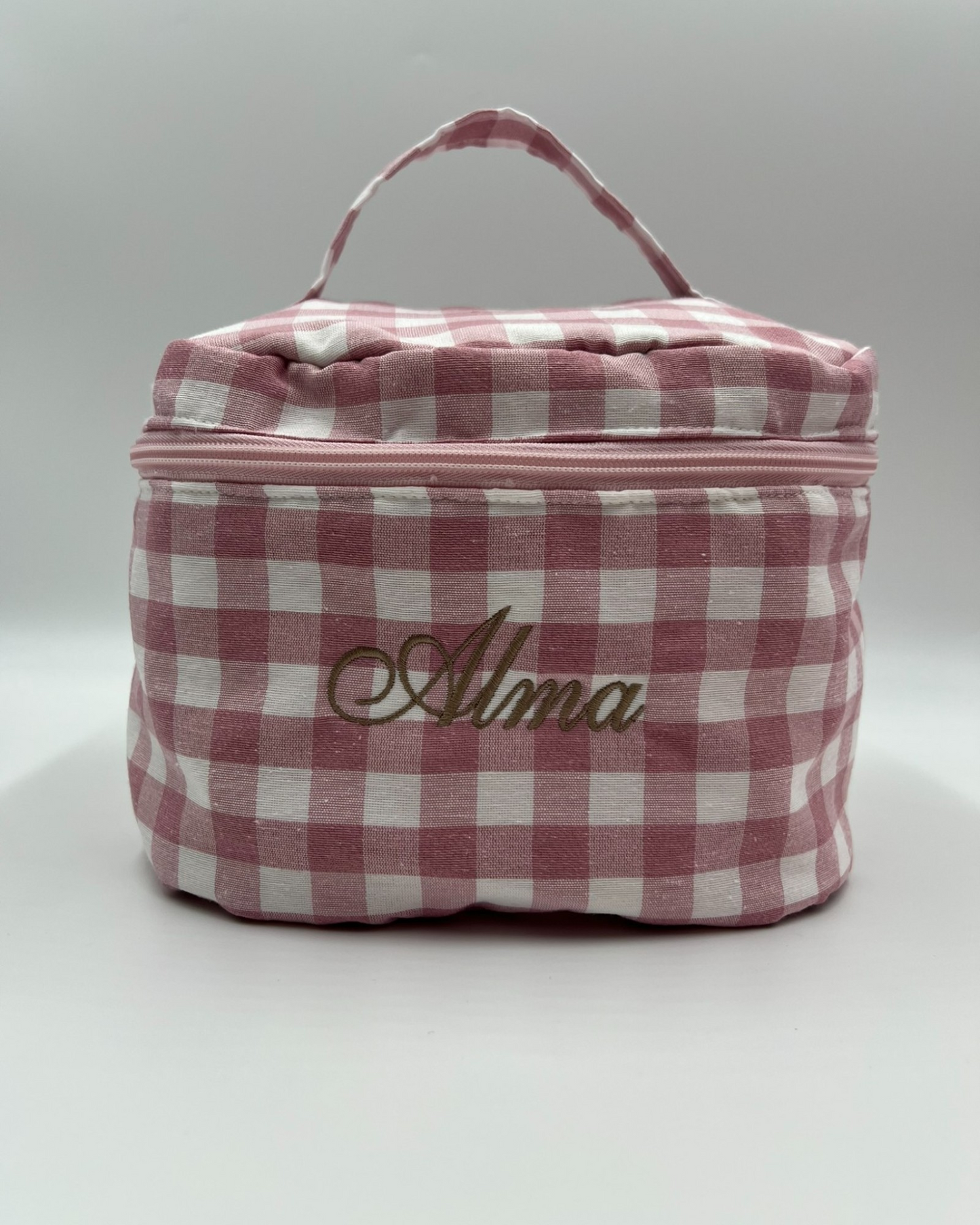 BEAUTY CASE OVALE A QUADRONI IN COTONE CON RICAMO PERSONALIZZATO