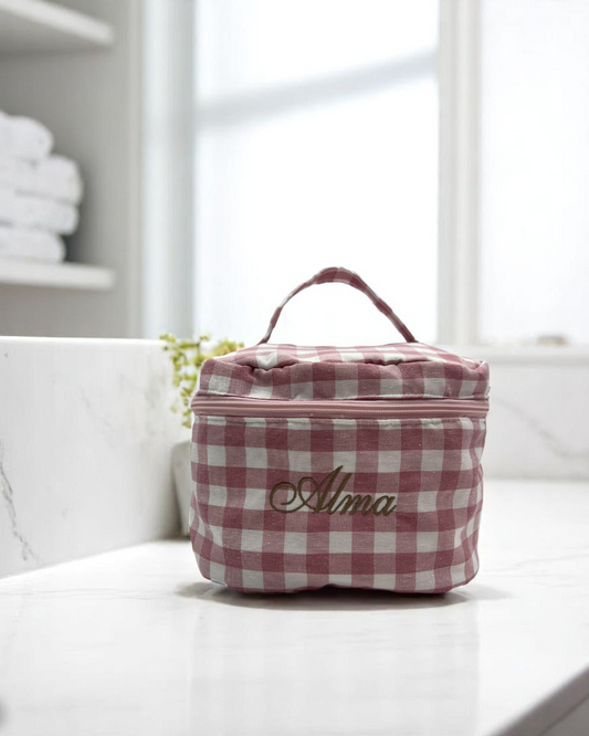 BEAUTY CASE OVALE A QUADRONI IN COTONE CON RICAMO PERSONALIZZATO