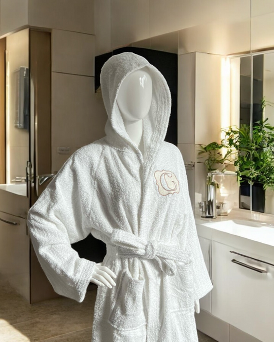 ACCAPPATOIO BIANCO IN SPUGNA 100% COTONE CON RICAMO STILE EMBLEMA PERSONALIZZATO