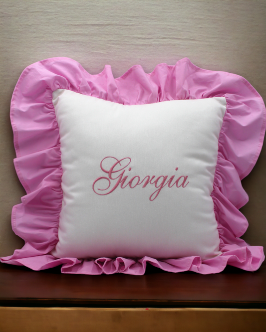 CUSCINO CON ROUCHES CON NOME RICAMATO PERSONALIZZATO
