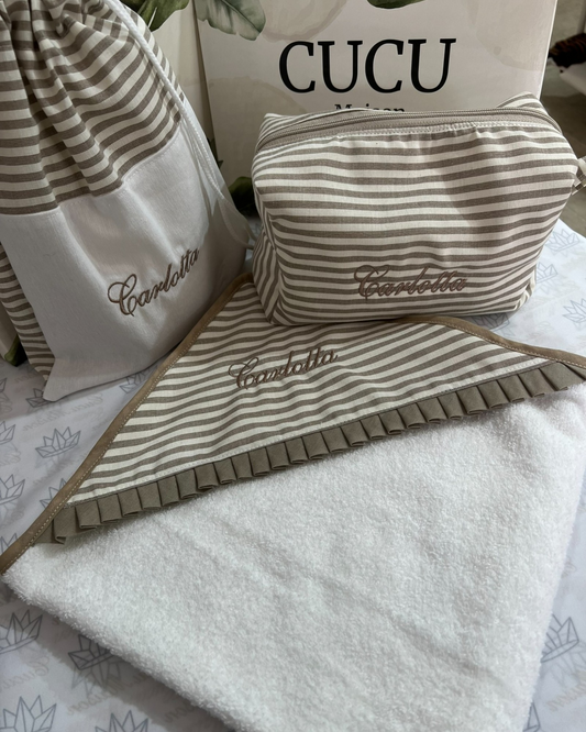 SET PRIMO BAGNETTO A RIGHE CON RICAMO PERSONALIZZATO