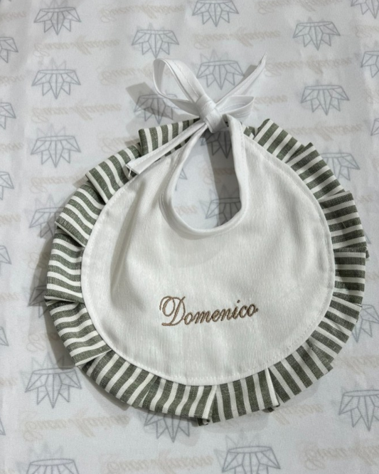 BAVAGLINO BIANCO CON ROUCHES A RIGHE CON RICAMO PERSONALIZZATO