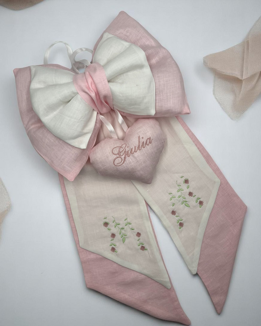 FIOCCO IN LINO CON ROSELLINE E CUORE RICAMO PERSONALIZZATO