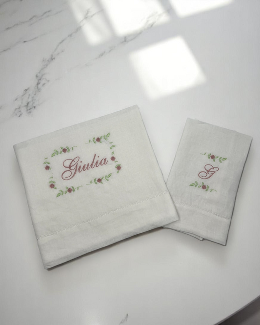 LENZUOLINO BIANCO IN PURO LINO CON ROSELLINE E RICAMO PERSONALIZZATO + FEDERA